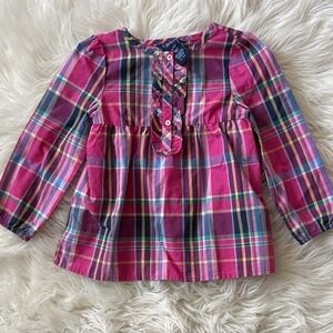 Chaps Pink Plaid Ruffle-Front Long Sleeve Top